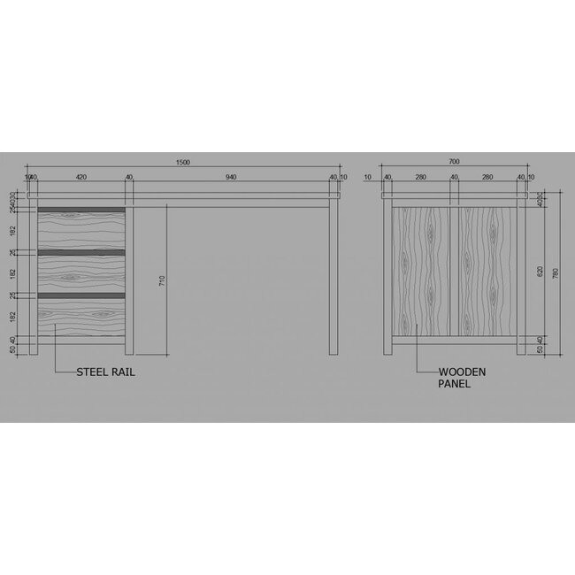 Desk with 3 Drawers - Teak