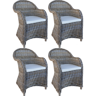 Decomeubel Krzesło rattanowe Kubu - szare z białą poduszką (zestaw 4 krzeseł)