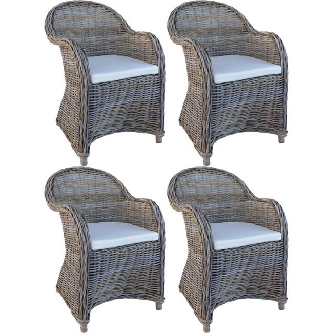 Decomeubel Krzesło rattanowe Kubu Szare z białą poduszką - zestaw 4 krzeseł