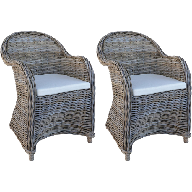 Decomeubel Chaise en Rotin Kubu Gris avec Coussin Blanc - lot de 2 chaises