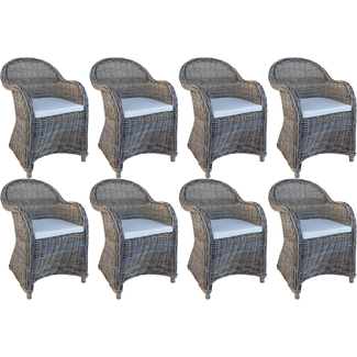 Decomeubel Rattanstuhl Kubu – Grau mit weißem Kissen (Set mit 8 Stühlen)