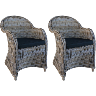 Decomeubel Chaise en Rotin Kubu - Gris avec Coussin Noir (lot de 2 chaises)