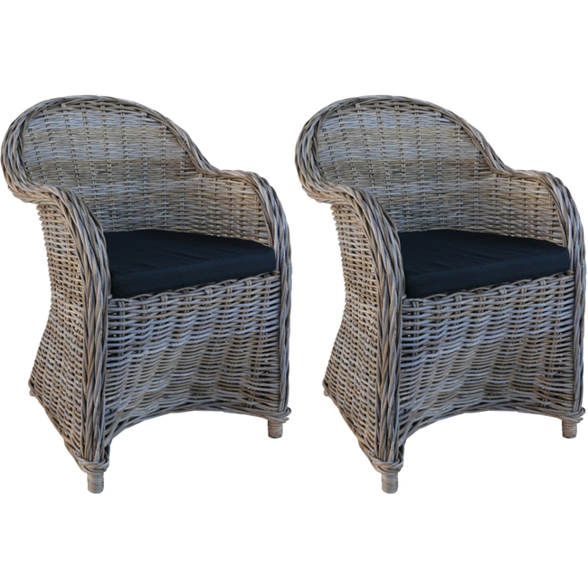 Decomeubel Chaise en Rotin Kubu Gris avec Coussin Noir - lot de 2 chaises