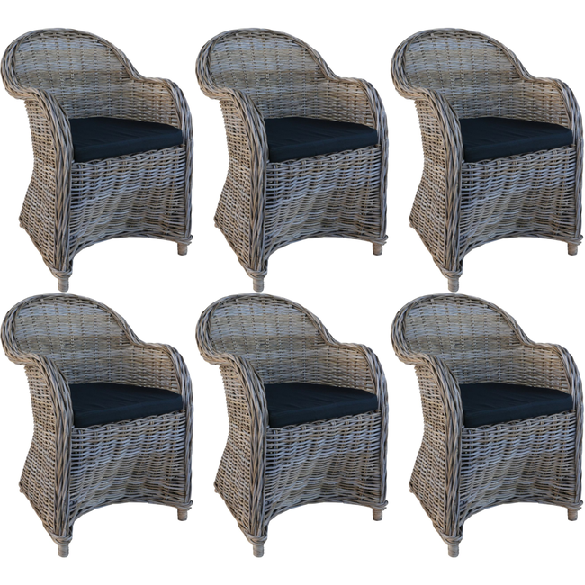 Decomeubel Rattanstuhl Kubu Grau mit schwarzem Kissen – Set mit 6 Stühlen