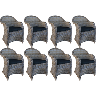 Decomeubel Chaise en Rotin Kubu - Gris avec Coussin Noir (lot de 8 chaises)