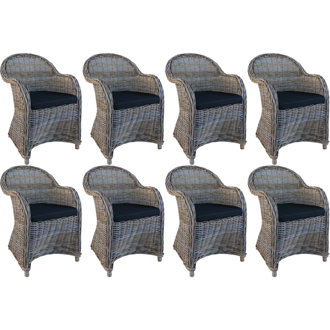 Decomeubel Chaise en Rotin Kubu Gris avec Coussin Noir - lot de 8 chaises