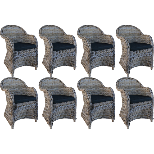 Decomeubel Rattanstuhl Kubu Grau mit schwarzem Kissen – Set mit 8 Stühlen
