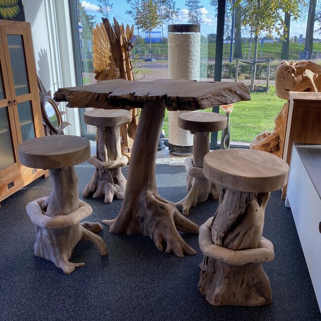 Decomeubel Teak Bar Table + 4 Root Wood Bar Stools
