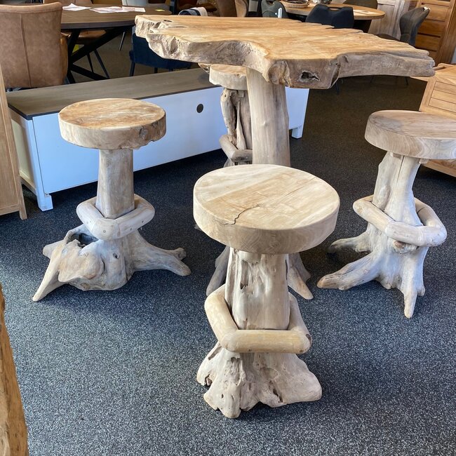 Decomeubel Table de bar en teck + 4 tabourets de bar en bois de racine