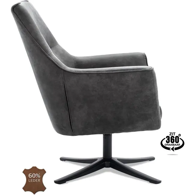 Decomeubel Sessel Bronco mit Drehgestell, schwarzes Mikroleder, Bull Graphite