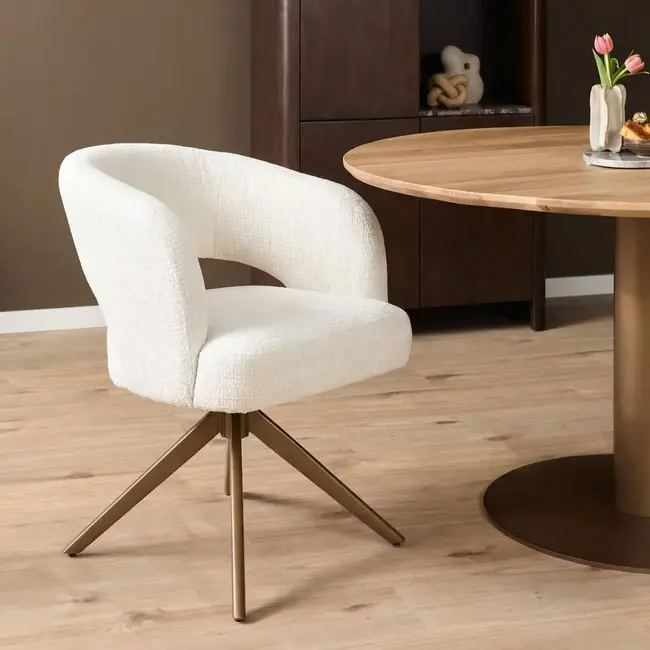 Strafurn Eetkamerstoel Demi - Off-white - Poot brons - Met armleuning - set van 2 stoelen