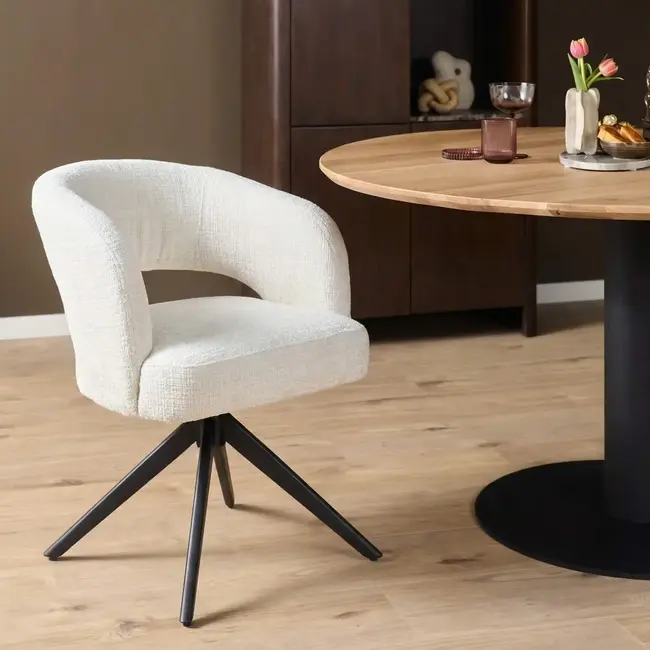 Strafurn Esszimmerstuhl Demi – Cremeweiß – Schwarze Beine – Mit Armlehnen – 2er-Set