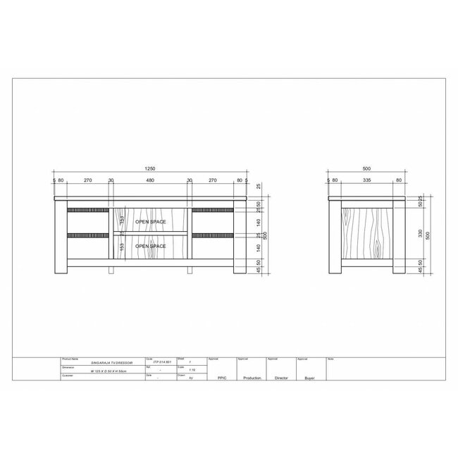 Decomeubel Meuble TV en teck 4 tiroirs, 2 compartiments ouverts