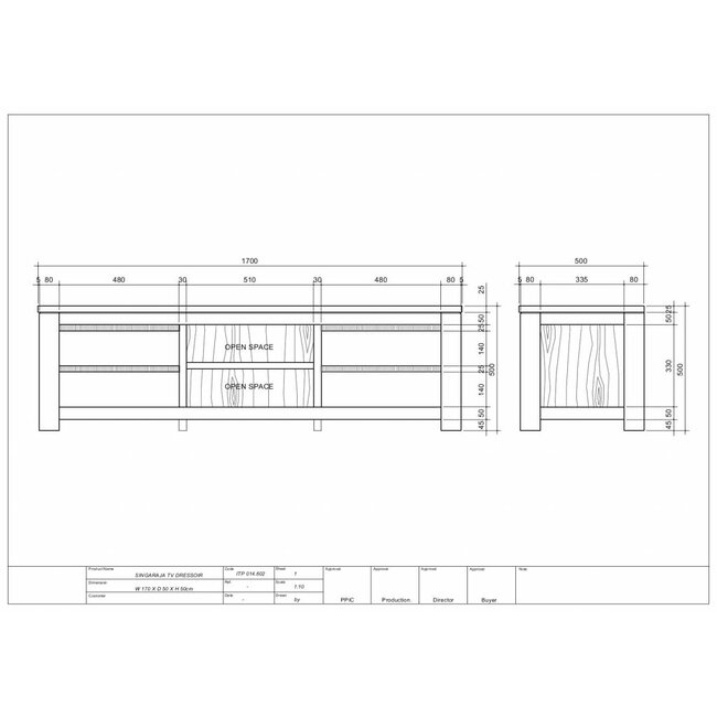 Decomeubel Meuble TV en teck 4 tiroirs, 2 compartiments ouverts