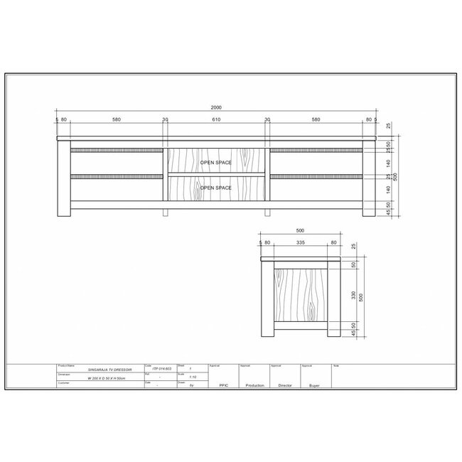 Decomeubel TV-Schrank aus Teakholz 4 Schubladen, 2 offene Fächer