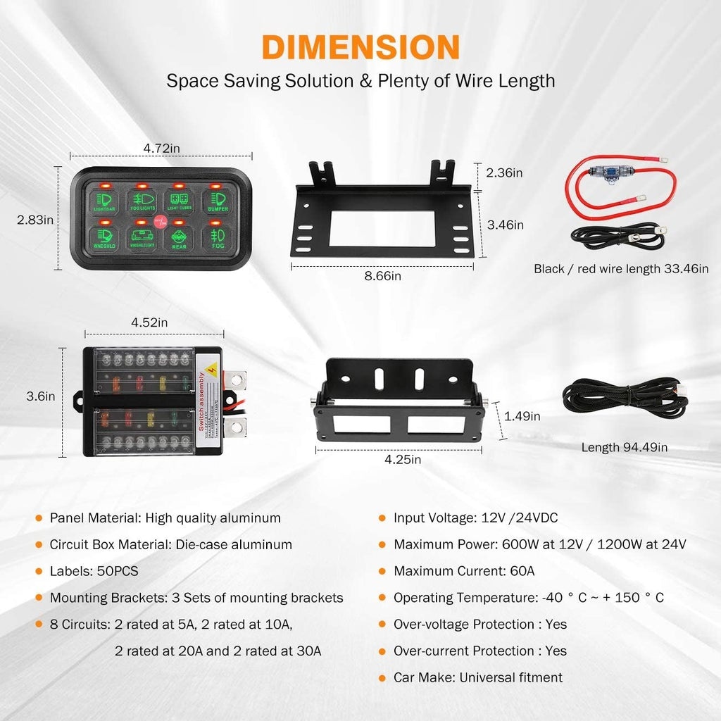 Auxbeam 8 Gang Led Switch Panel kit Automatic Dimmable Universal(Two-Sided Outlet) Green