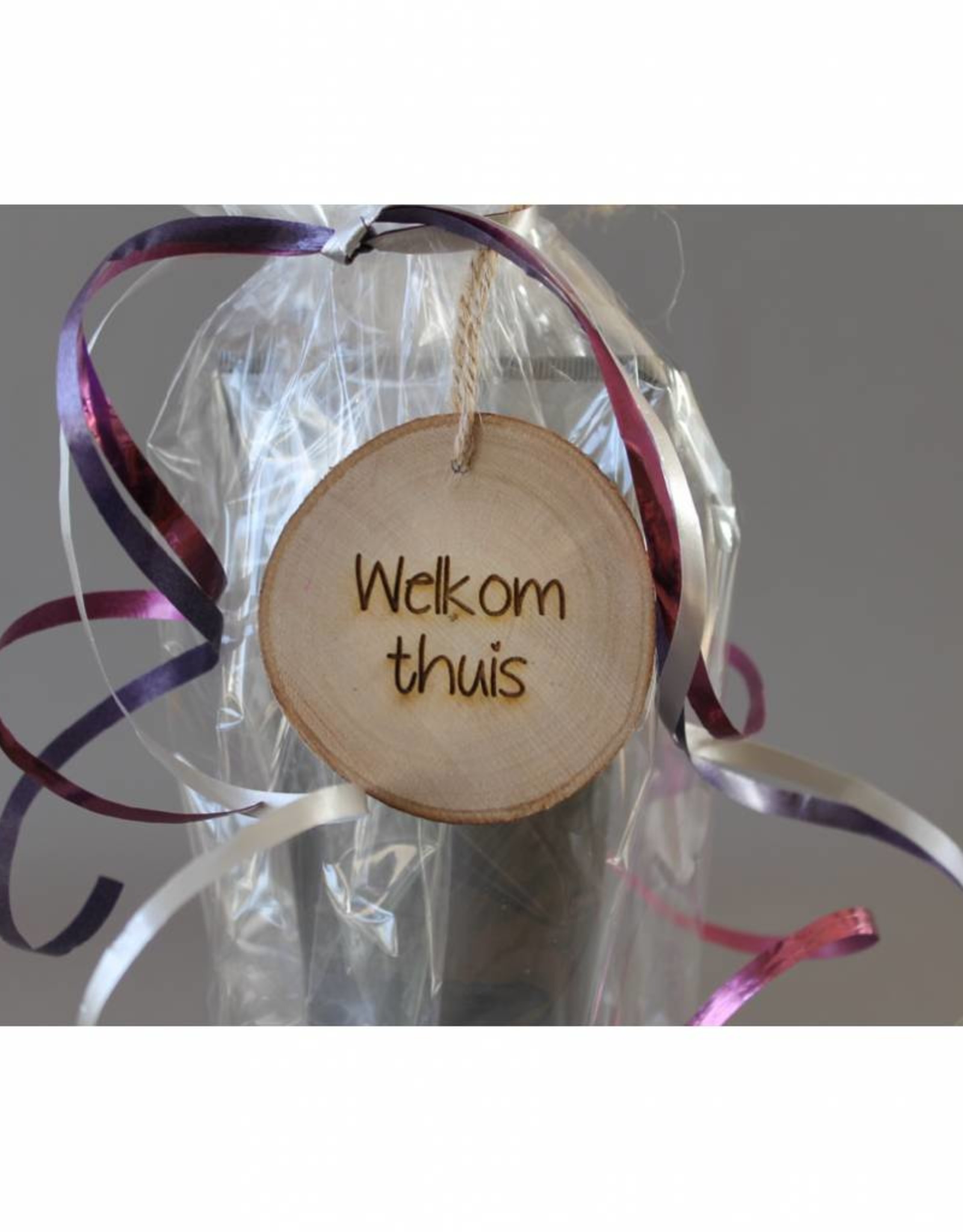 Houten cadeau-label - "Welkom thuis"