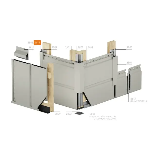 Montagetekening van de horizontale montage van Keralit gevelpanelen op een gevelhoek, met de afwerk- en hulpprofielen. Het verlengd eindprofiel 17x44 mm (2811) is oranje gemarkeerd.