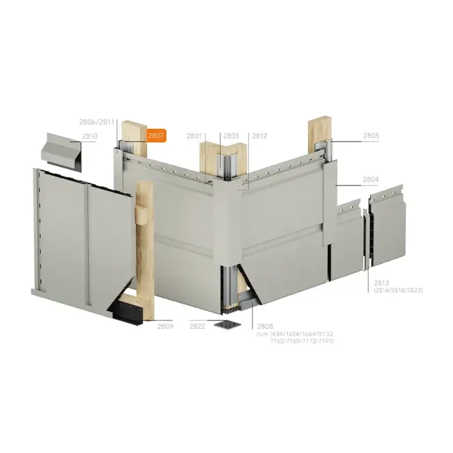 Montagetekening van de horizontale montage van Keralit gevelpanelen op een gevelhoek, met de afwerk- en hulpprofielen. Het basis eindprofiel (2807) is oranje gemarkeerd.