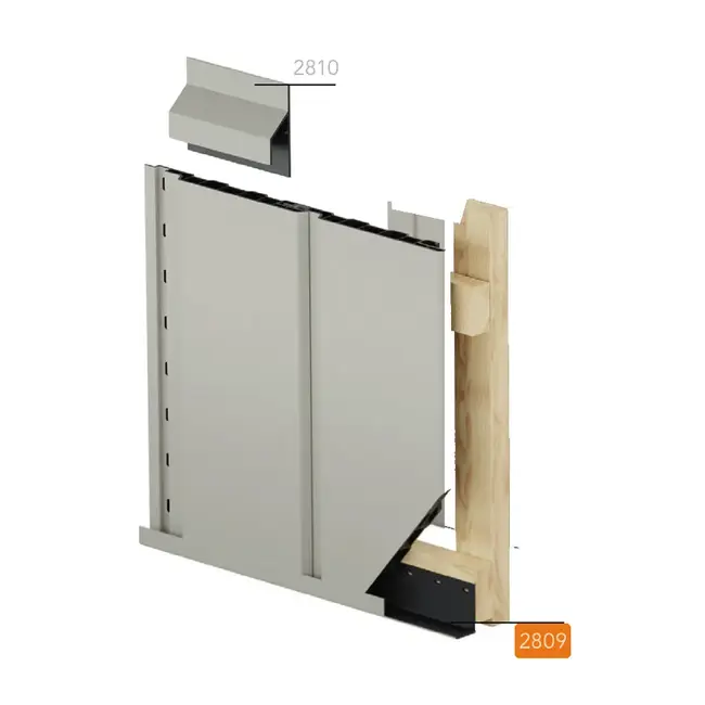 Montagetekening van de verticale montage van Keralit gevelpanelen. Het omrandingsprofiel verticale montage (2809) is oranje gemarkeerd.