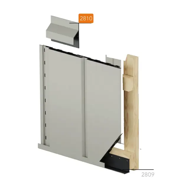 Montagetekening van de verticale montage van Keralit gevelpanelen. Het trimkraal aansluitprofiel (2810) is oranje gemarkeerd.