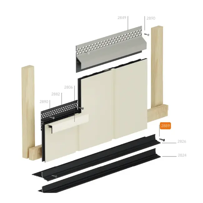 Montagetekening van de verticale montage van Keralit gevelpanelen met ventilatieprofielen. De aluminium houtschroef zelfborend (2889) is oranje gemarkeerd.