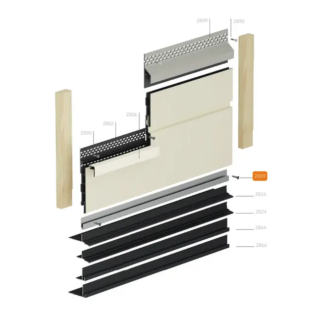 Montagetekening van de horizontale montage van Keralit gevelpanelen met ventilatieprofielen. De aluminium houtschroef zelfborend (2889) is oranje gemarkeerd.