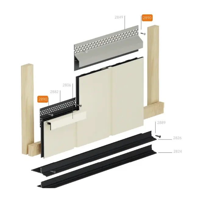 Montagetekening van de verticale montage van Keralit gevelpanelen met ventilatieprofielen. De Torx schroef RVS 32 mm (2890) is oranje gemarkeerd.