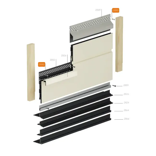 Montagetekening van de horizontale montage van Keralit gevelpanelen met ventilatieprofielen. De Torx schroef RVS 32 mm (2890) is oranje gemarkeerd.