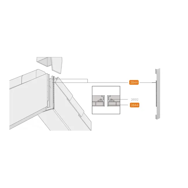 Montagetekening van de eindkap op het Keralit dakrandpaneel, met detail van de aansluiting. De eindkap dakrand 350 mm (2844) is oranje gemarkeerd.