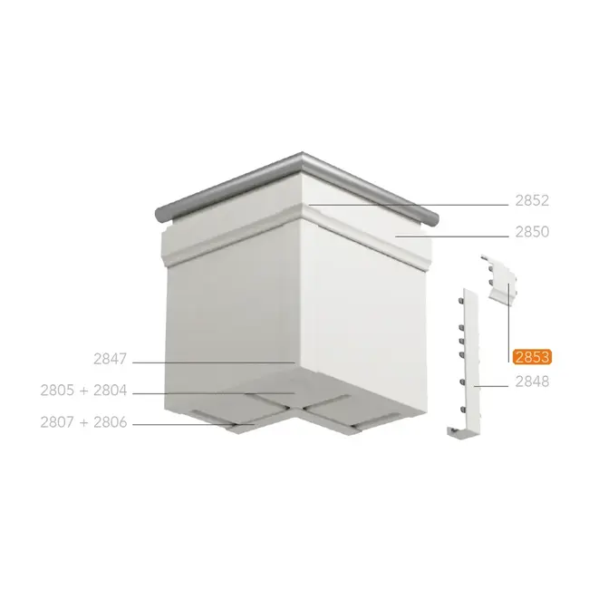 Montagetekening van een uitwendige hoek met Keralit dakrandbekleding en sierlijst klassiek, met hoekstukken en tussenstukken. Het tussenstuk sierlijst klassiek (2853) is oranje gemarkeerd.