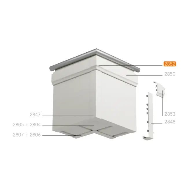 Montagetekening van een uitwendige hoek met Keralit dakrandbekleding en sierlijst klassiek, met hoekstukken en tussenstukken. Het hoekstuk sierlijst klassiek (2852) is oranje gemarkeerd.