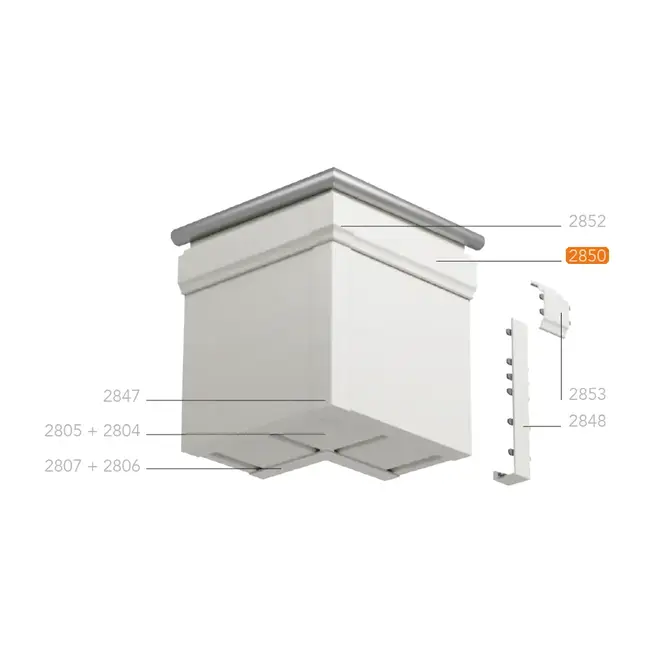 Montagetekening van een uitwendige hoek met Keralit dakrandbekleding en sierlijst klassiek, met hoekstukken en tussenstukken. De trim / kraal sierlijst klassiek (2850) is oranje gemarkeerd.