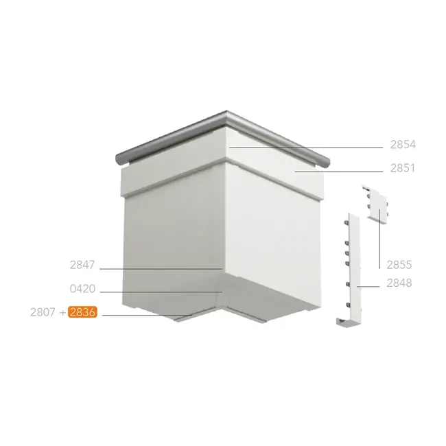 Montagetekening van een uitwendige hoek met Keralit dakrandbekleding en sierlijst modern, met hoekstukken en tussenstukken. Het eindprofiel 10 mm (2836) is oranje gemarkeerd.