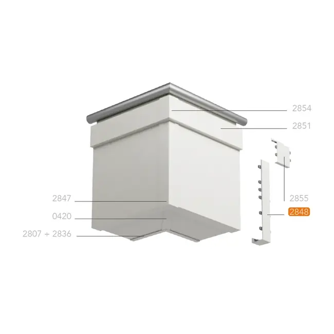 Montagetekening van een uitwendige hoek met Keralit dakrandbekleding en sierlijst modern, met hoekstukken en tussenstukken. Het tussenstuk 350 mm (2848) is oranje gemarkeerd.