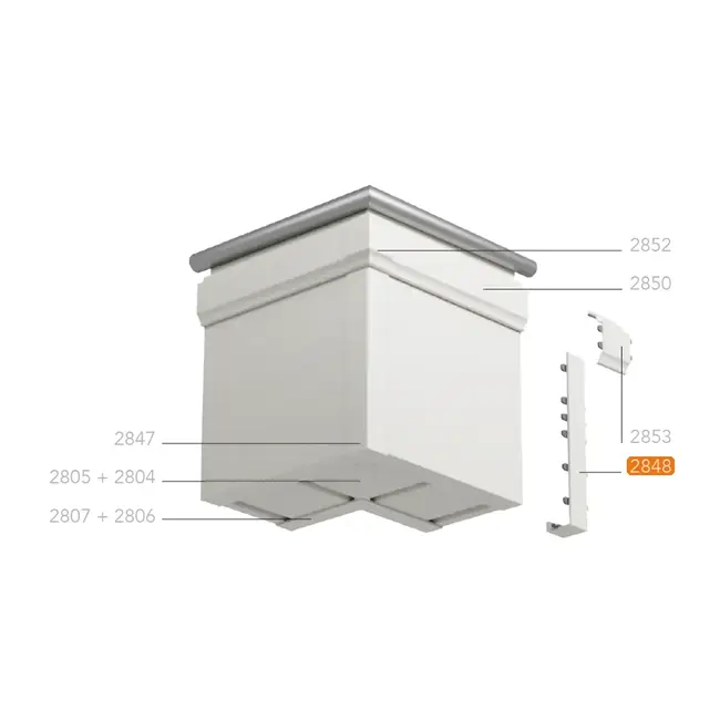 Montagetekening van een uitwendige hoek met Keralit dakrandbekleding en sierlijst klassiek, met hoekstukken en tussenstukken. Het tussenstuk 350 mm (2848) is oranje gemarkeerd.