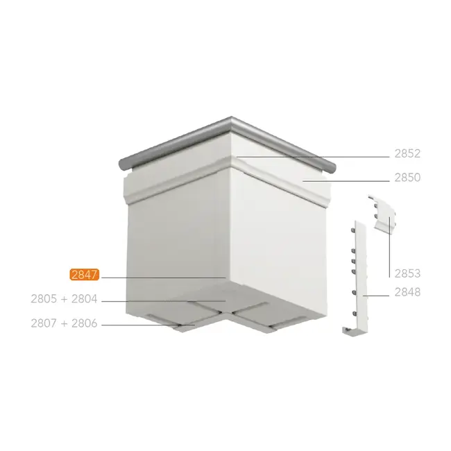 Montagetekening van een uitwendige hoek met Keralit dakrandbekleding en sierlijst klassiek, met hoekstukken en tussenstukken. Het uitwendig hoekstuk 350 mm (2847) is oranje gemarkeerd.