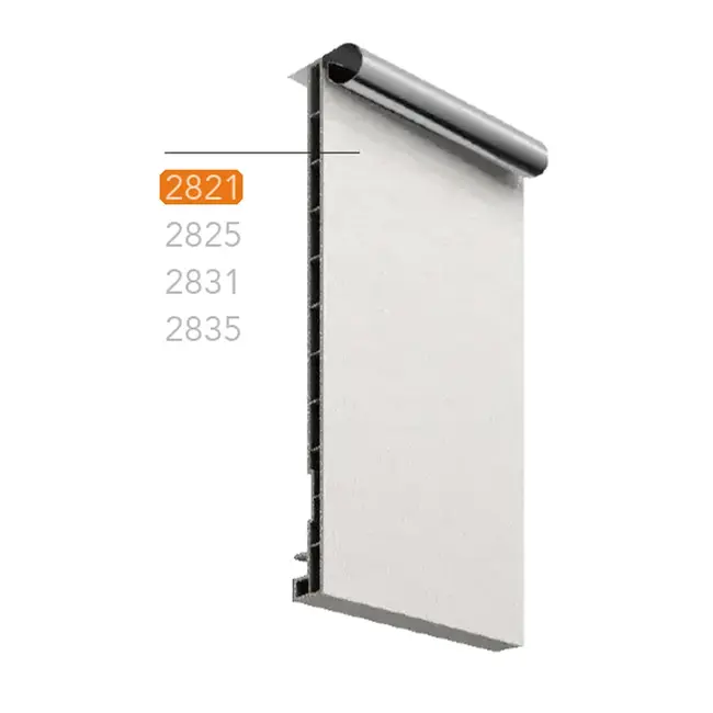 Montagetekening van Keralit dakrandbekleding met het dakrandpaneel in vier breedtes. Het dakrandpaneel 200 mm (2821) is oranje gemarkeerd.