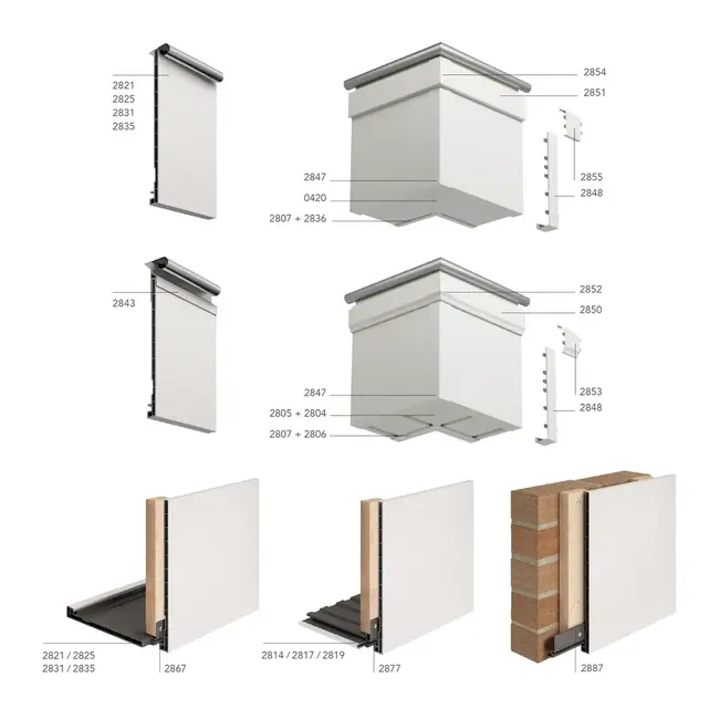Overzicht van Keralit dakrandbekleding met alle dakrandpanelen, hoek- en tussenstukken, sierlijsten en montageprofielen en hun artikelnummers.