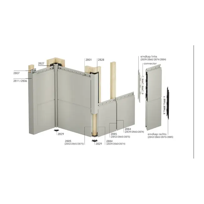 Overzicht van de montage van Keralit gevelpanelen met het hoeksysteem en de eindkappen, met alle artikelnummers.