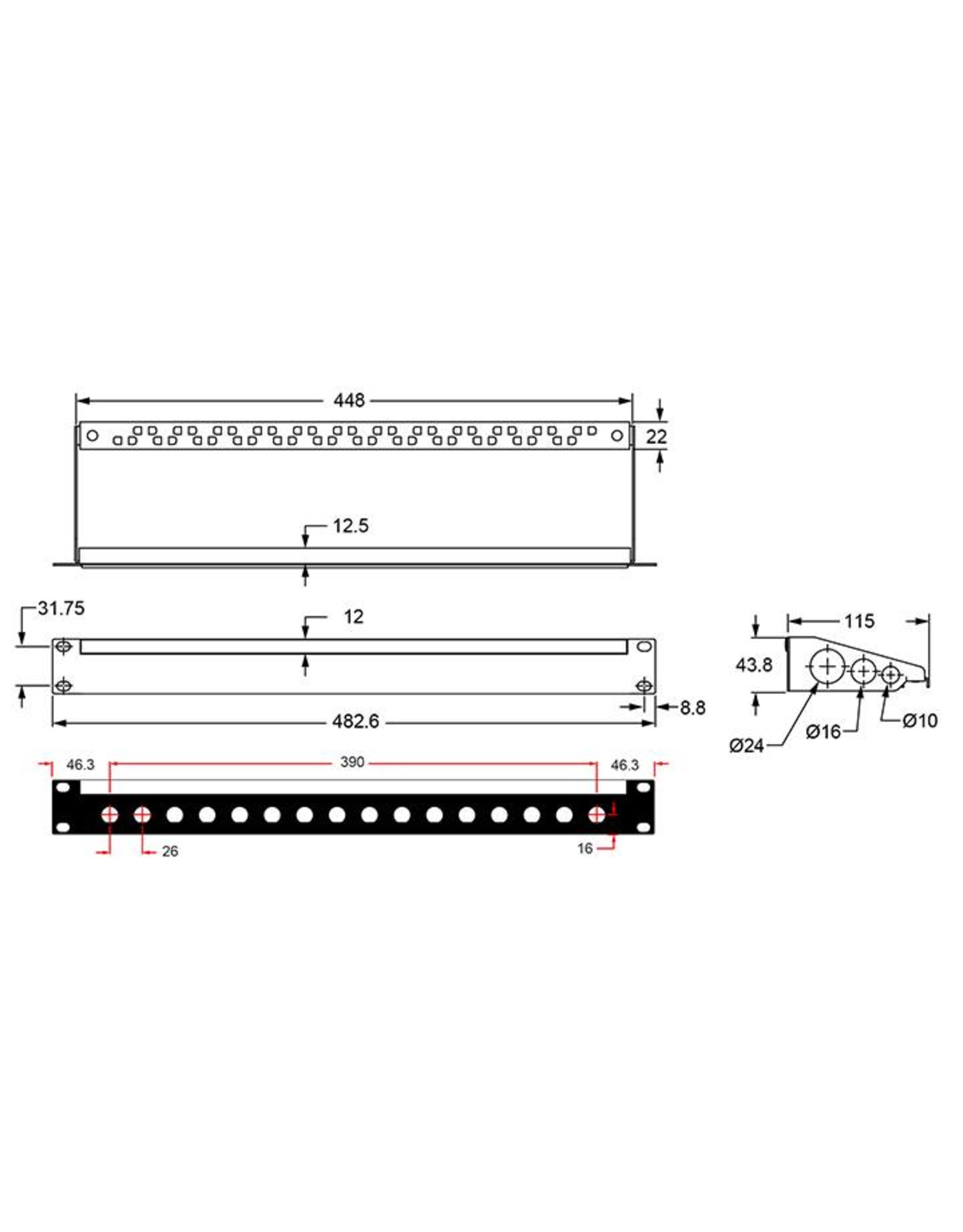 Penn Elcom Punched rack panel 1U, 16 BNC, steel, with cabel support and ID strip