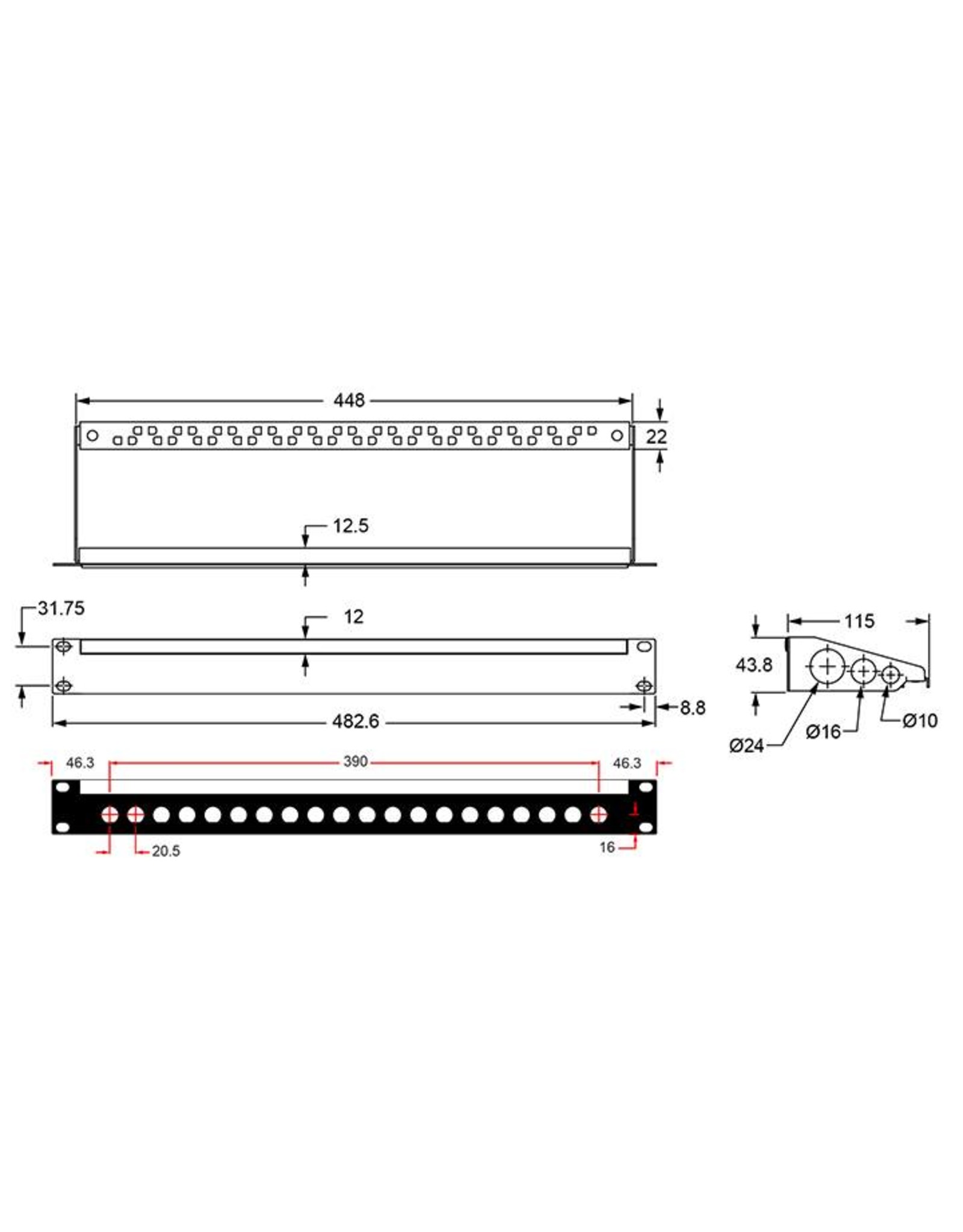 Penn Elcom Punched rack panel, 1U, 20BNC, steel, with cable support and ID strip
