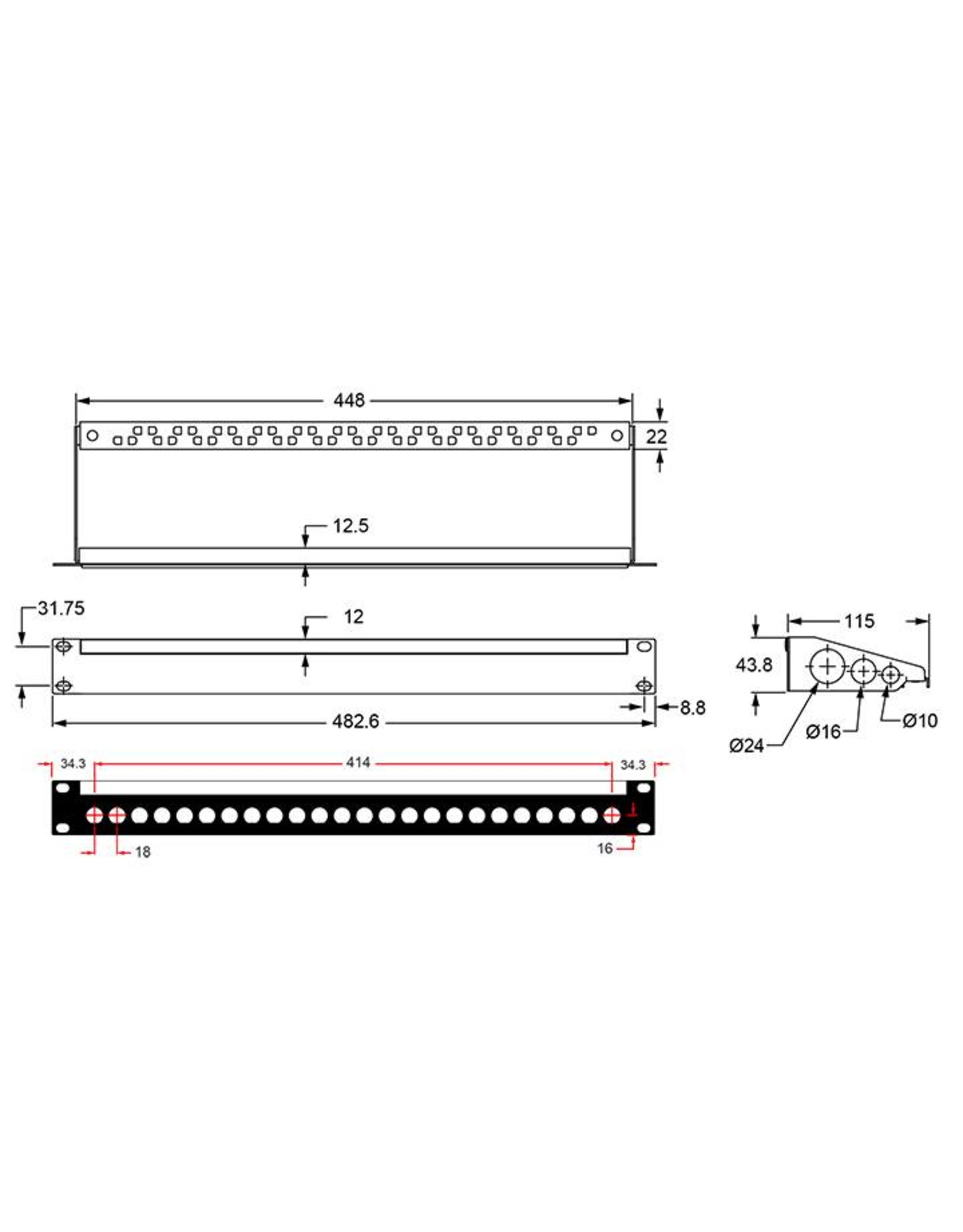 Penn Elcom Punched rack panel, 1U, 24BNC, steel, with cable support and ID strip