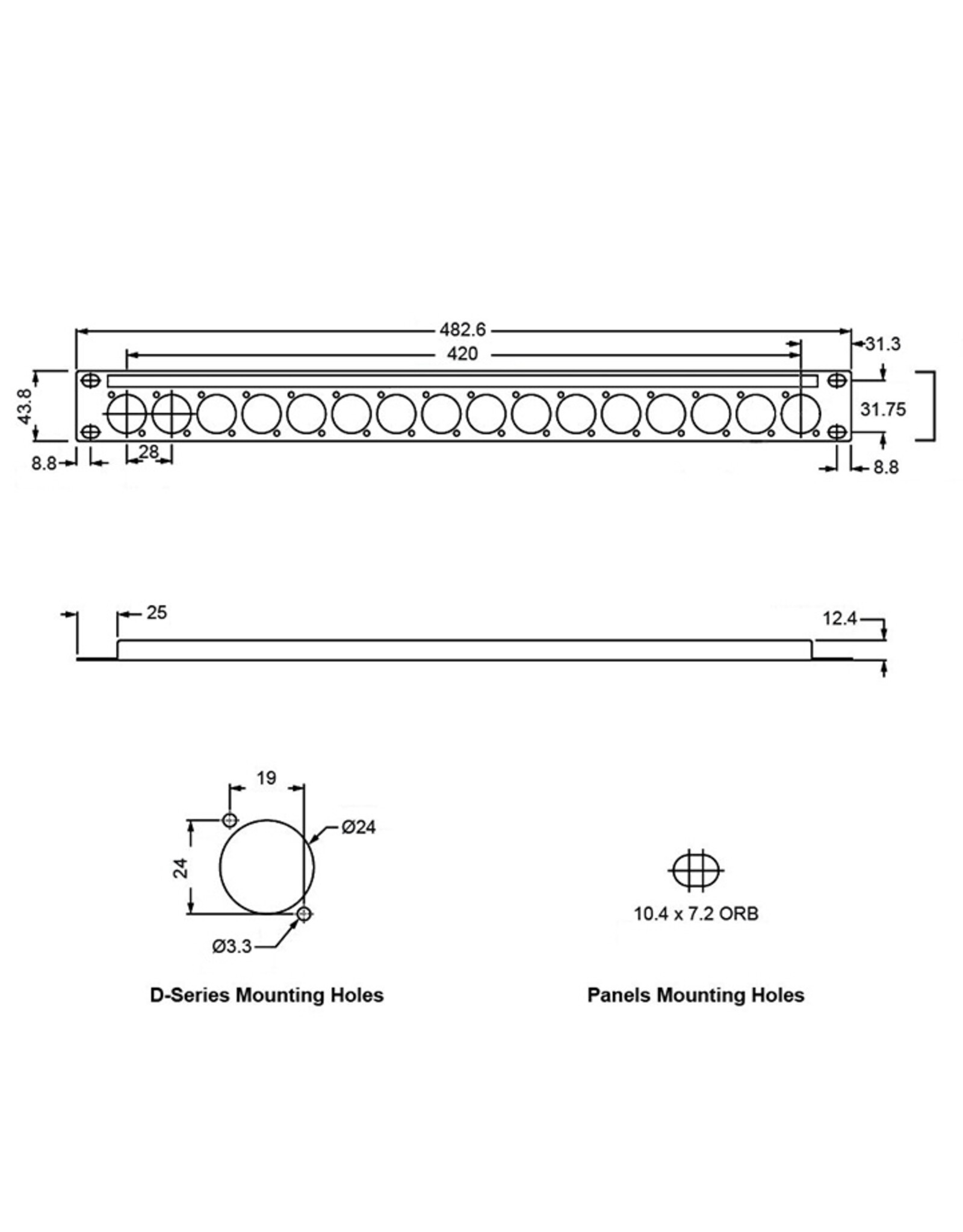 Penn Elcom Penn Elcom frontplaat met ID strip, 16 gaten Neutrik "D", 1 HE, staal