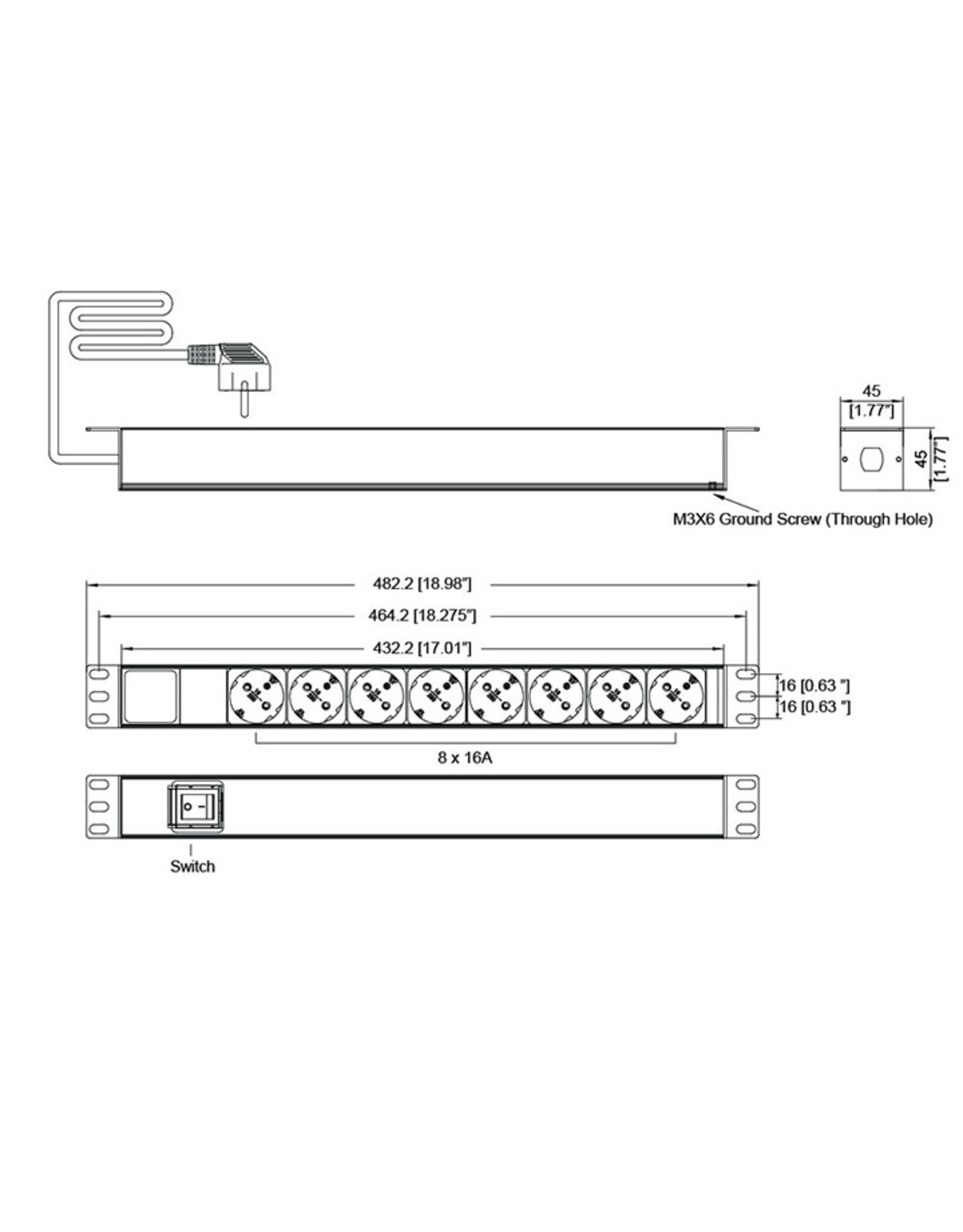 Penn Elcom Penn Elcom PDU with 8 sockets back facing and on/off switch, aluminium housing
