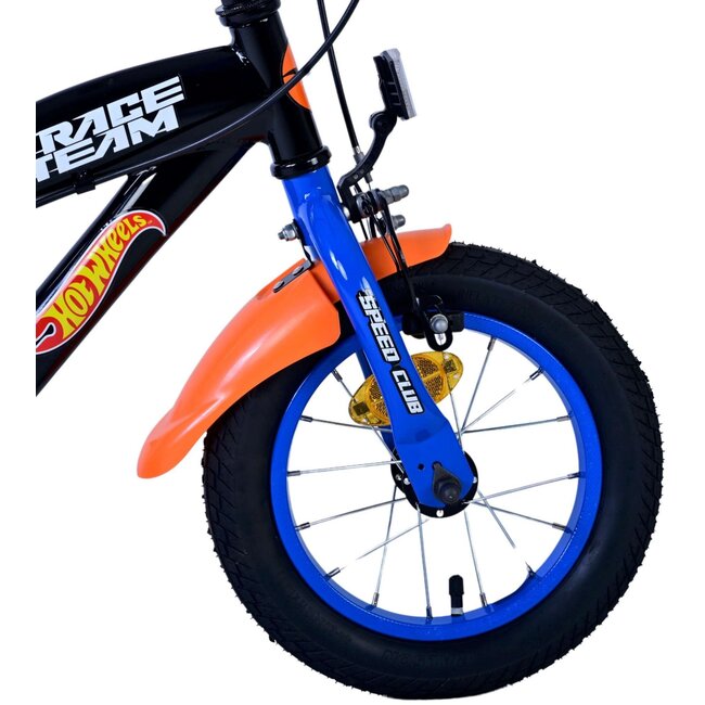 Volare fietsen Hot Wheels Jongensfiets 12 inch zwart oranje blauw Twee handremmen