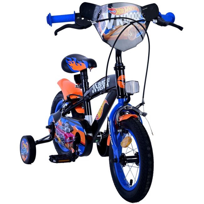 Volare fietsen Hot Wheels Jongensfiets 12 inch zwart oranje blauw Twee handremmen