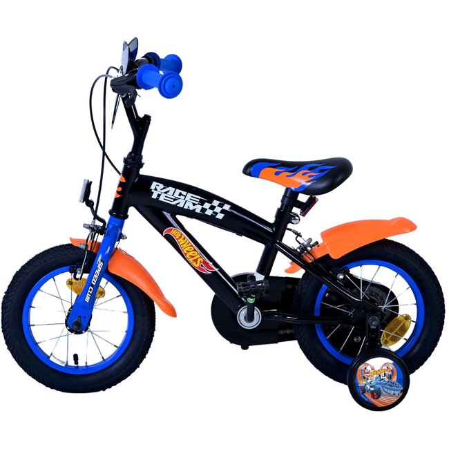 Volare fietsen Hot Wheels Jongensfiets 12 inch zwart oranje blauw Twee handremmen
