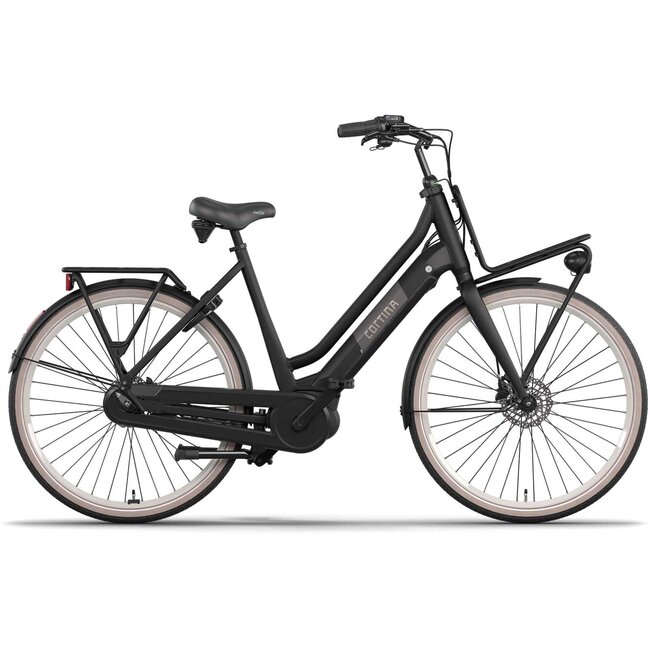 Cortina E-U4 Next damesfiets in Jet Black Matte met witte velgen - zijaanzicht