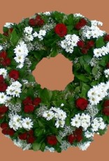 Trauerkranz Rot - weiß rundgesteckt mit Trauerschleife 12,5 cm breit